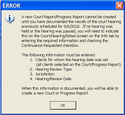 DETAIL. You will NOT be able to create a new report until you fully document the hearing. g. Selecting Court Report will open a blank Court Report screen.