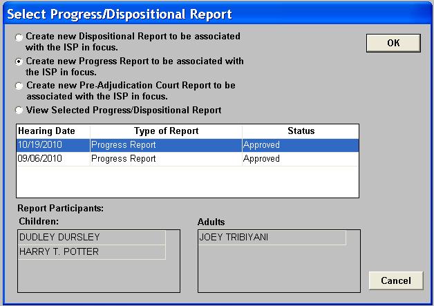 a. Because Progress Reports must be associated with an existing ISP, you will need to select the existing ISP with which you will associate your new Progress Report.