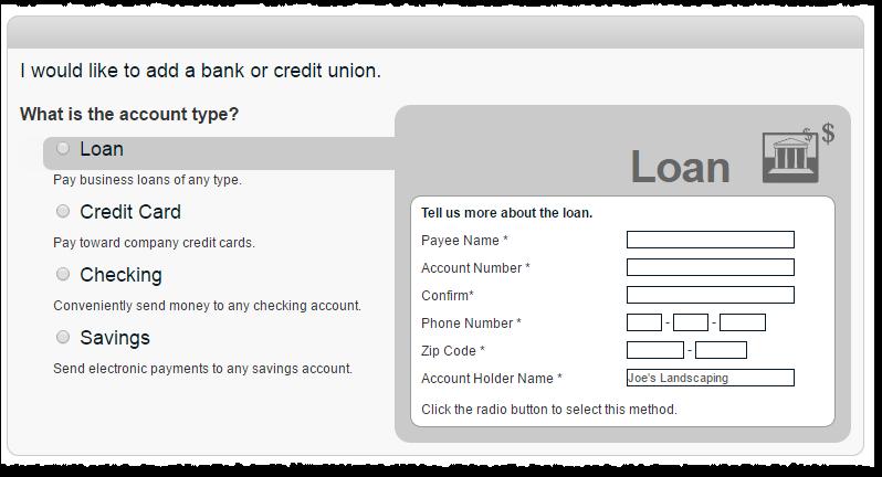 Add a Bank or Credit Union Users can pay a bank or credit union for a loan, credit card, checking or savings account.