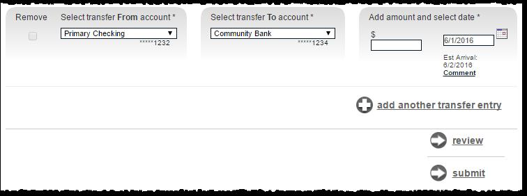Single Transfer User selects a From account, To account, Amount, and the
