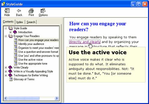 Using Microsoft Word 31 3. Click the Add Topic Link button. 4. Select the Use the active voice topic. 5. Select Popup from the Link Type drop down and click OK. 6. Save the StyleGuide.