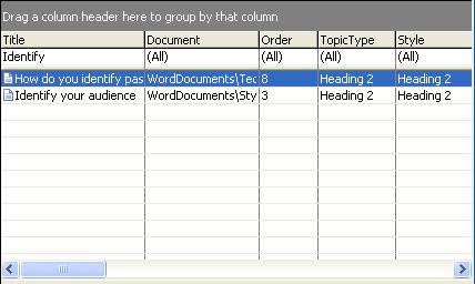Filtering Topics Doc-To-Help provides the author with topic filtering capabilities by using the filter boxes located beneath the headers in the topic list pane on the right.