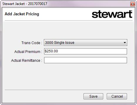 Jacket Pricing Tab In order to create a jacket, you will be required to enter jacket pricing information. 1. Click the icon to display the Add Jacket Pricing pop-up window. 2. Select a Trans Code. 3.