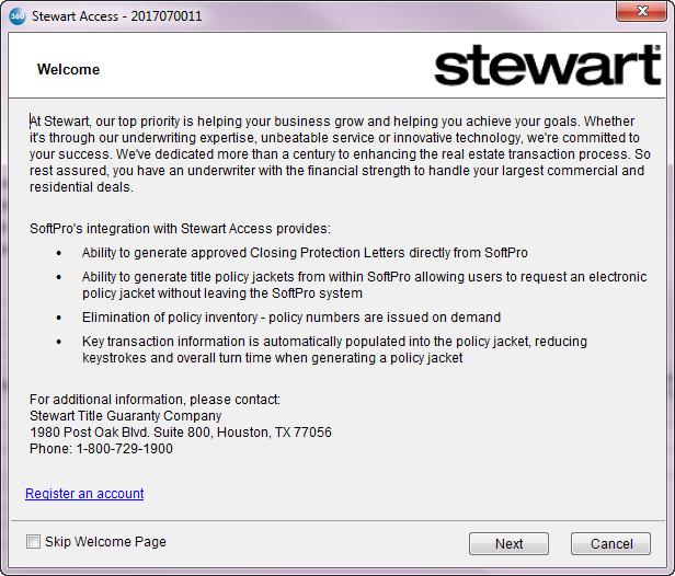 Welcome Screen The Welcome screen provides a summary of the product & Stewart s contact information: Click Next to