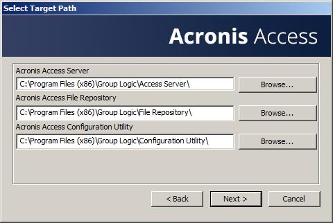 7. Select an installation location for the Acronis Access components being installed.