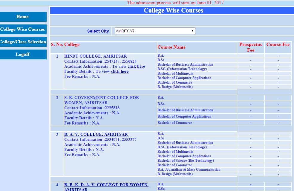 College wise courses button will display courses available in colleges of a