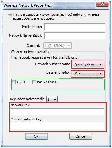 4.7.1 Configuring WEP encryption Select WEP from the Data encryption box. Under Network Authentication, you will want to select Shared key or Open System, depending on the router settings.