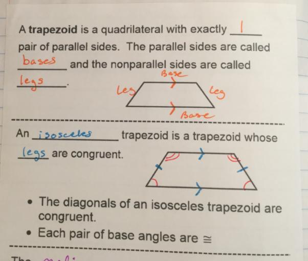 trapezoid is a quadrilateral with exactly pair of parallel sides. The parallel sides are called and the nonparallel sides are called. n trapezoid is a trapezoid whose are congruent.