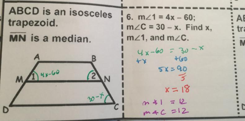 is a median. M 1 2 N D C CD is an isosceles trapezoid. is a median.