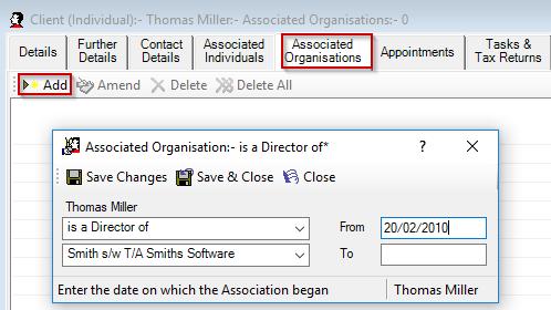 Associated Organisations To associate your organisation clients to other organisations, please complete the following steps: Go to the Associated Individuals tab Click on Add From the 1 st drop down