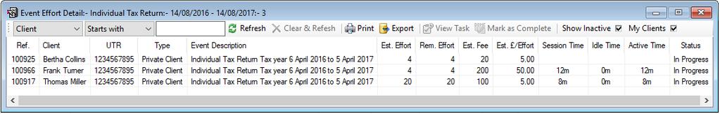 To view a particular event type effort data, select the event from the above list and Click on View Event Effort Detail or; Double right click on the event The above report lists effort data for a