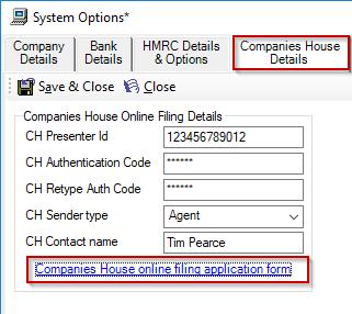 Companies House Details The Companies House Online Filing details can be stored on this tab.