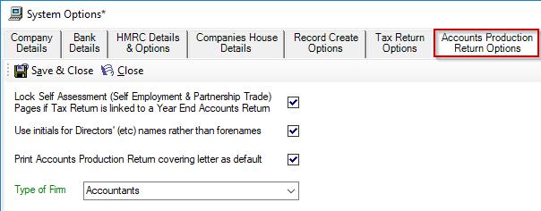 Use initials for Directors (etc) names rather than forenames Print Accounts Production Return covering letter as default Choose the Type of Firm
