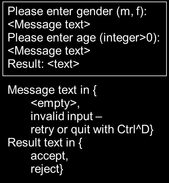 Example UI Case B Input: Gender & Age Output: accept/reject Classes C1: InputGender: m C2: InputGender: f C3: InputGender: not(m, f) C4: InputGender: Ctrl^D C5: InputAge: integer in [18, 80] C6: