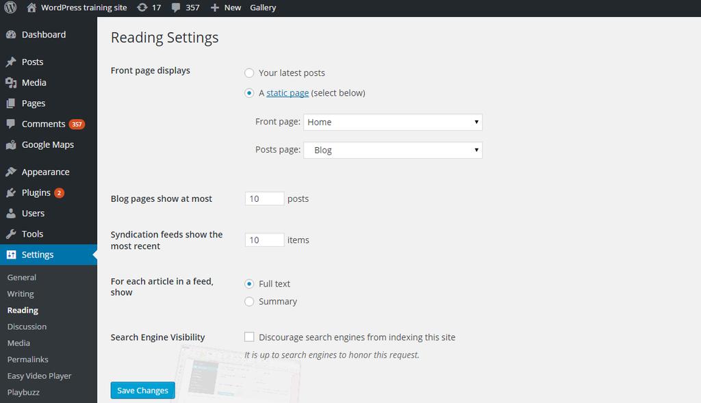 2. Settings reading Click the radio button A static page and then use the drop-down box to make your home