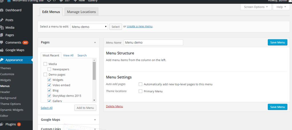 7. Custom menus Select the pages you want in your menu from