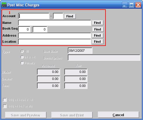 Misc. Charges Click 3. Post Charges from the Main Menu. Click Misc.Charges from the menu that appears. The following window will appear: 1.