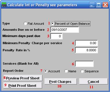 Penalty Percent of Open Balance Click 3. Post Charges from the Main Menu. Click Penalty from the menu that appears. The following window will appear: 1.