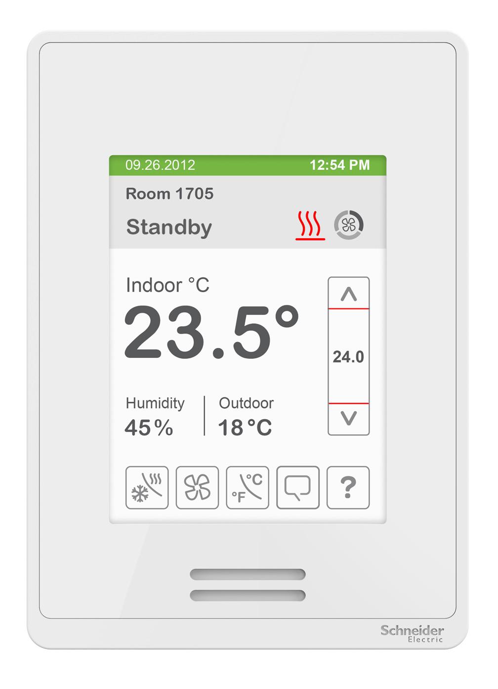 5 HOME SCREEN DISPLAY Hospitality User Interface Shown Date Short Network Message Occupancy Status Time System Status Fan Status Room Indoor Temperature Room Indoor Humidity Outdoor Temperature Up