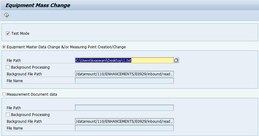 Process this input text file via custom transaction code (ZPMEQUICHANGE). Select the option Equipment Master Data Change and/or Measuring Point Creation/Change and the checkbox for "Test Mode".