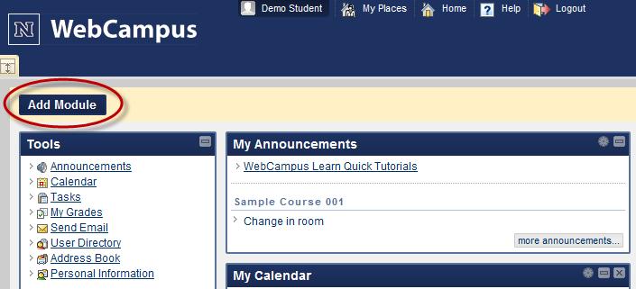 To add additional modules to MyWebCampus page, click on the Add Module button.