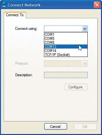 This dialog box will open: In the Connect using field, select the COM port to which the gateway is