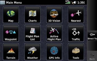 Displays the Flight Plan List. Displays the Active Flight Plan. Displays the dedicated Traffic Page. Terrain Displays the Terrain View.