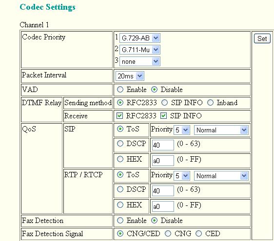 -Codecs priority and DTMF Settings DTMF Sending Method = RFC2833. Codec G729-AB can be chosen as first priority if you need to reduce the Bandwidth utilization by voice communication.