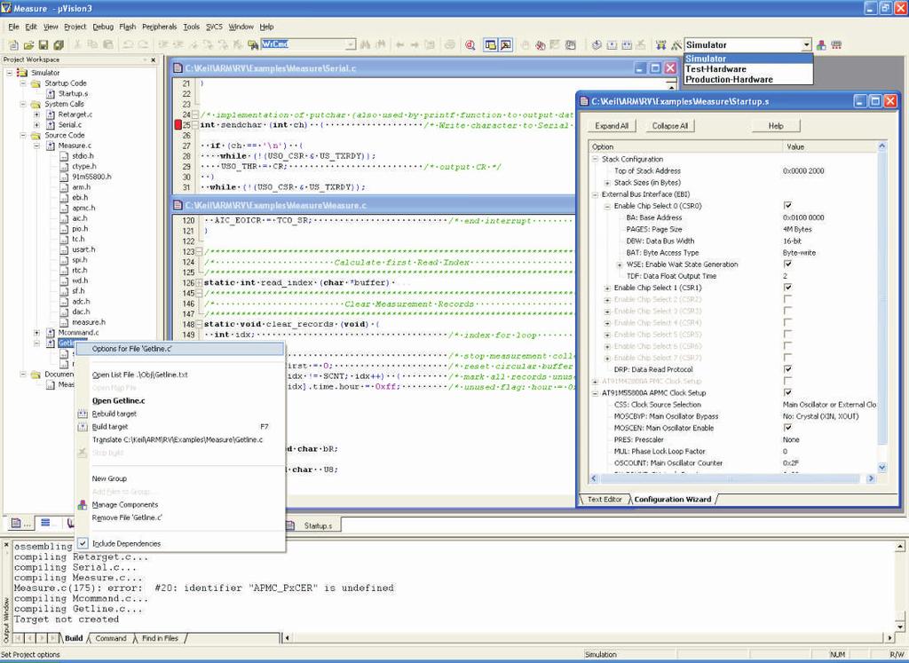 Double-click o messages to locate the erroeous lie i the source code. Project Cofiguratio The µvisio IDE icorporates a Device Database of supported ARM Powered microcotrollers.