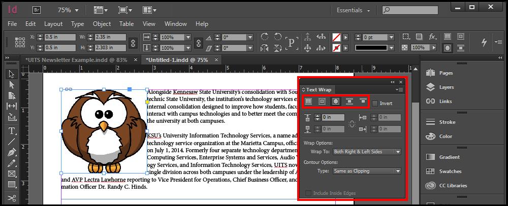 Text Wrap and Shapes Images can have text wrapping around them. Creating shapes and adding color help to apply a design to the publication. Text Wrap 1. From the Tools Panel, click the Selection Tool.