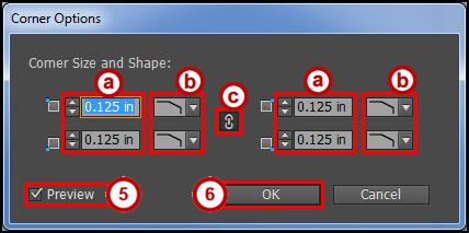 Size - Change the size of the corner style. b. Shape - Change the shape of the corner style. c. Make all setting the same - When you see a link icon, changing the size or shape will affect all corners.