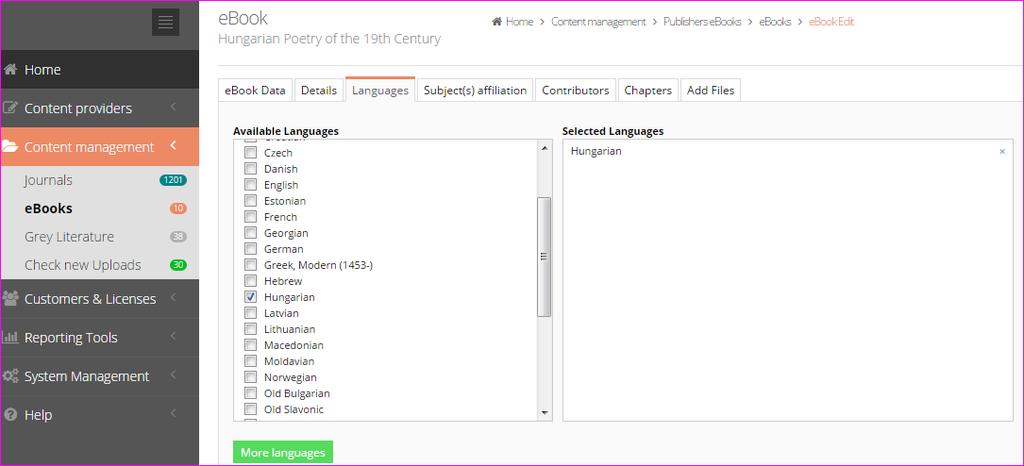 Content Management: adding ebooks - Languages 1.