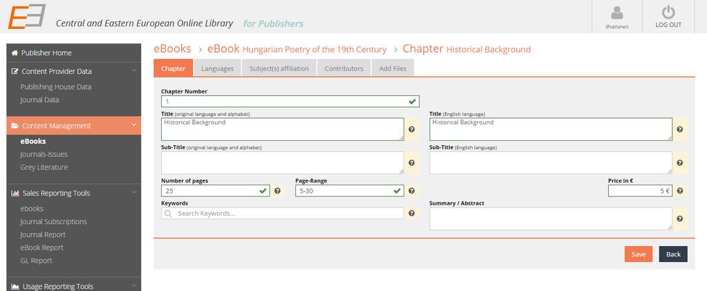 Content Management: adding chapters to an ebook Collective work 1. A New Chapter window will open, which you are kindly aked to fill.