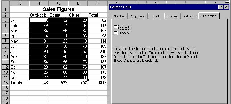 Highlight the range of cells B3:D14 Click on Format Cells Protection tab Uncheck the Locked and Hidden boxes so that they are clear Protect a Sheet Once you have set which cells are to be locked and