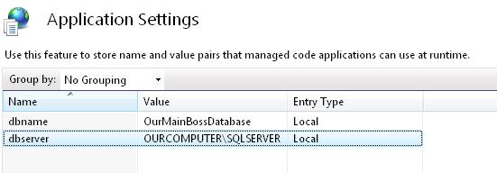 In the left-hand panel of the IIS manager, click on the name of the MainBossWeb site. In the middle panel of the IIS manager, the ASP.NET section has an entry for Application Settings.