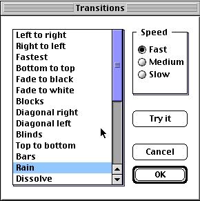 As soon as you click OK the Transitions menu will appear It will look like this: Here you can choose what will happen when you go to the Past card You can adjust the speed of the transition and you