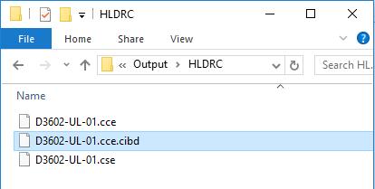 Create a.cibd/.cce File Both the CIBD and CCE files can be found in the Project Archive\back_end\Output\HLDRC directory: Figure 5.