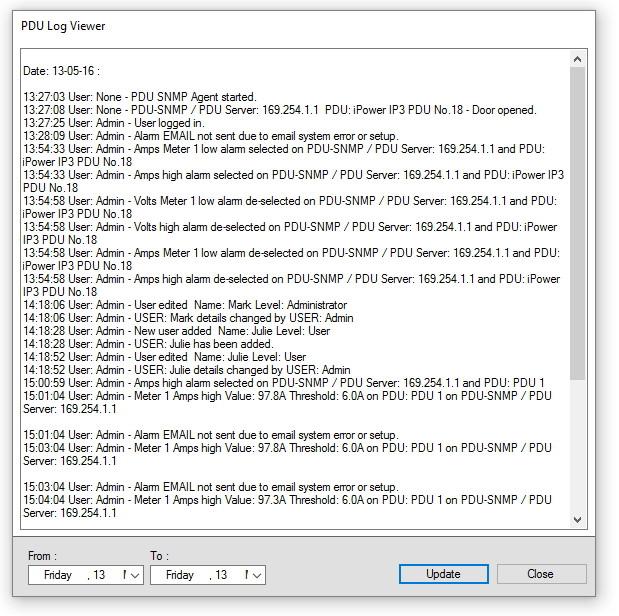 Log Viewer When clicking on the view tab select the log viewer to be able to view event history, who logged in/out and what a user has done, any alarms and any emails sent: In the above you can see a