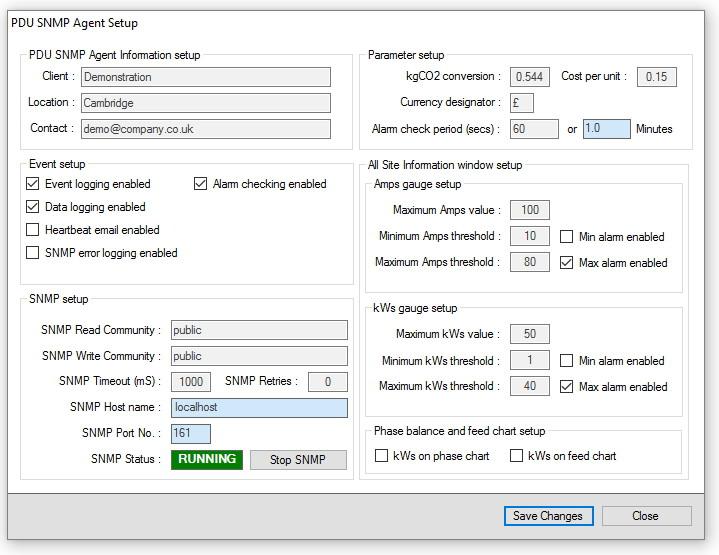 PDU SNMP Agent Setup Clicking on this menu item opens the PDU SNMP Agent Setup window that allows agent descriptions, parameters, event logs, SNMP parameters, current and kw value