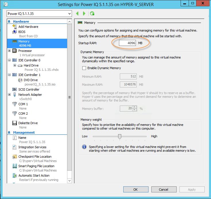 13. On the Memory page, you can modify the memory settings, including dynamic memory settings, for your virtual machine.