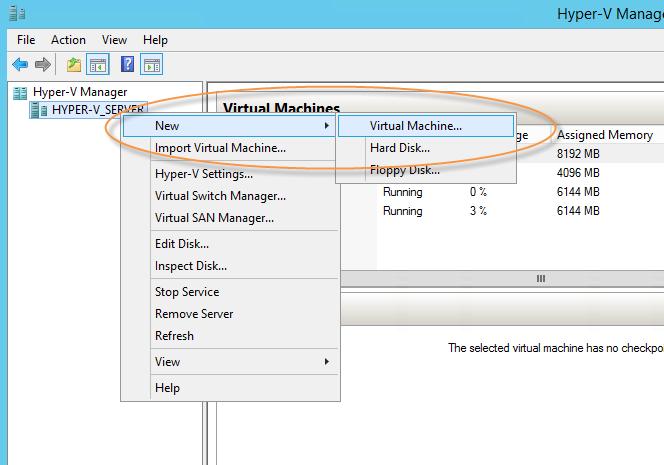 2. Right-click on the machine running Hyper-V and select New > Virtual Machine.