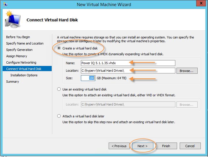8. On the Connect Virtual Hard Disk page, select Create a Virtual Hard Disk.