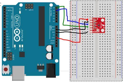 7 Activity4A_TMP102 1. Using the jumper wires, wire up the TMP102 Temperature Sensor to the breadboard and Arduino as shown in the picture below or follow this chart.