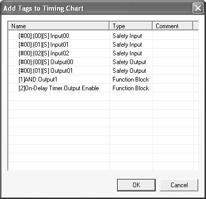 Adding to the Timing Chart Section 4-3 4-3 Adding to the Timing Chart 4-3-1 Adding from the Tag List Use the following procedure to add a tag or a function block output to the timing chart.