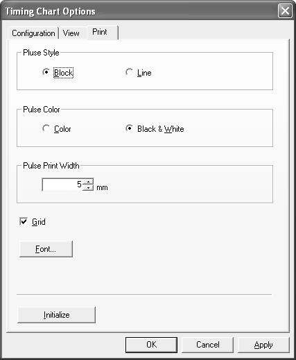 Timing Chart Options Section 4-8 Parameter/button Grid Initialize Button Description Displays/Hides the grid. Returns all settings on the Display Tab Page to their initial values.