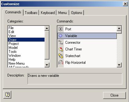 Figure 172. Customize dialog box. Commands page To add a button to a toolbar 1. Select the category of buttons in the Categories list. 2. Select the command in the Commands list.