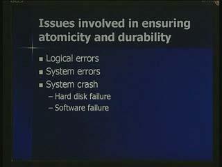 [Refer Slide Time: 28.28] Now what are issues involved in ensuring atomicity and durability? The following errors can occur when a transaction is executing. First is it could relate to logical errors.
