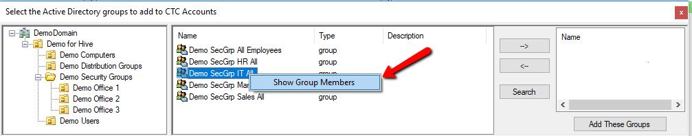 Once an organizational unit container has been selected in the left column, the groups defined within that container will be