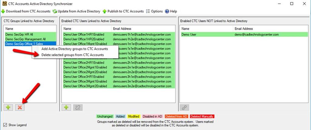 Deleting Active Directory Groups After one or more CTC groups in the first list are selected, the option to delete them will be available in either the rightclick pop-up menu choices for the list or