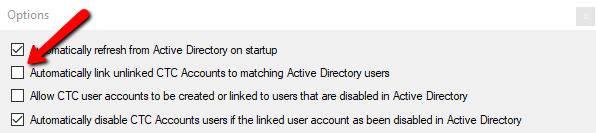 Unlinking an Active Directory User Active Directory user accounts that have been imported into the CTC Accounts system can be unlinked as well.